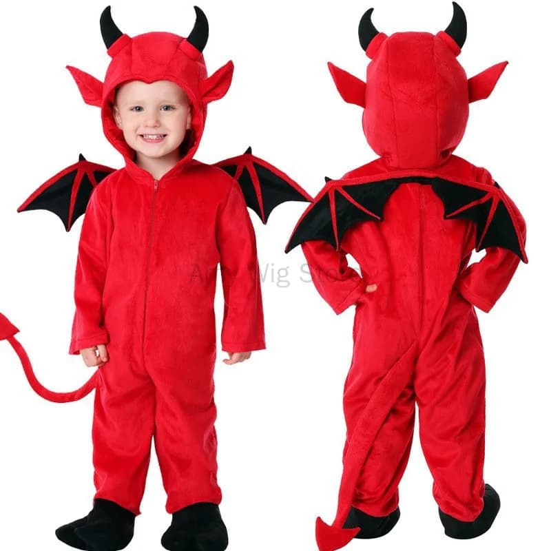 wudimiqi Kids Baby Red Devil Costume Unisex Child Cosplay Costume Jumpsuit Halloween Boy Monster Girls Bat Performance Costume