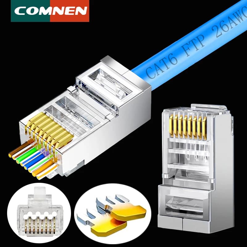 COMNEN  RJ45 Cat5/6/6A Pass Through Connectors Modular Plug , EZ to Crimp Modular Plug for Solid Or Stranded UTP Network Cable
