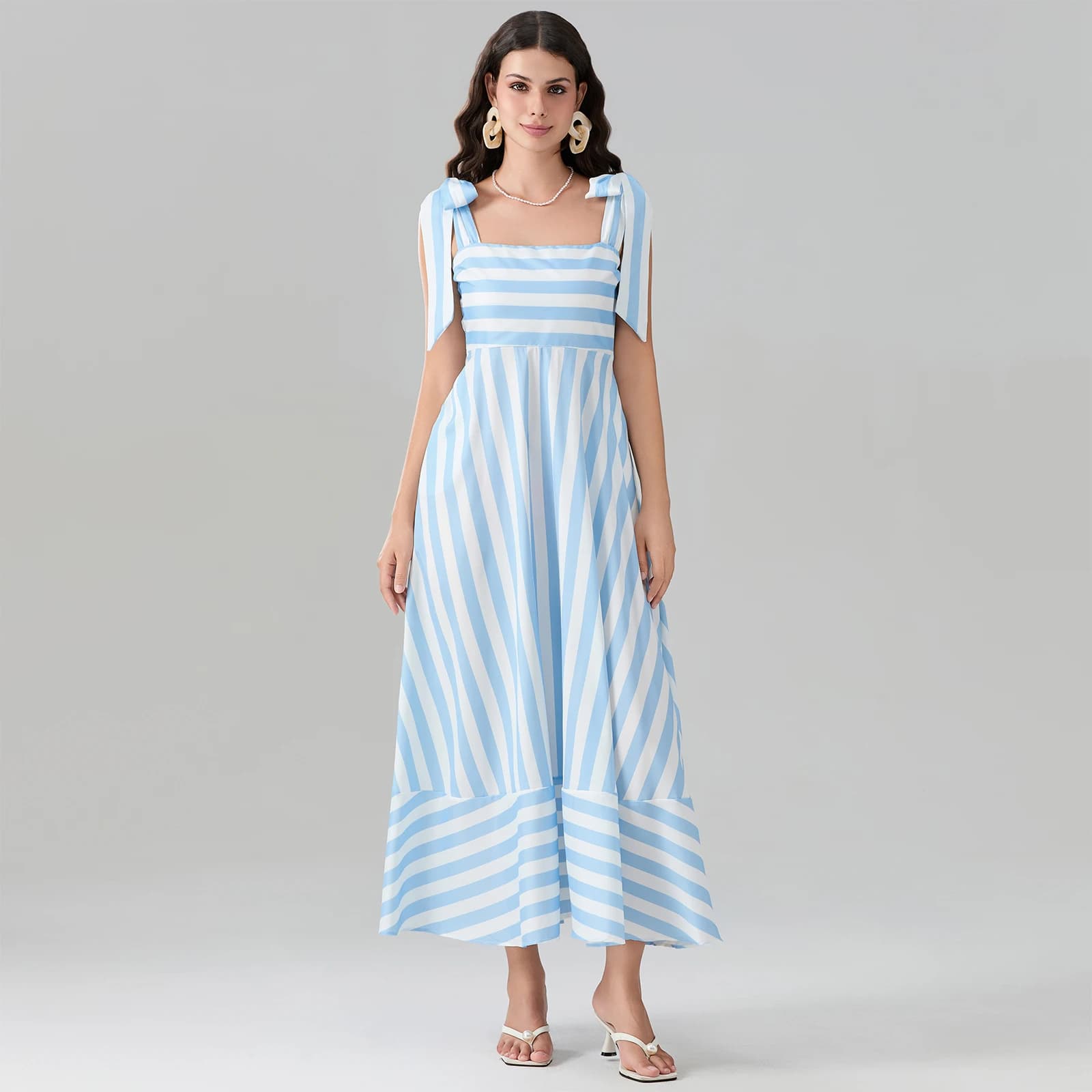 Women's Long Tank Dress Loose Fitting Striped Square Neck Sleeveless Tie-Up Ruffled Swing Dress with Pockets