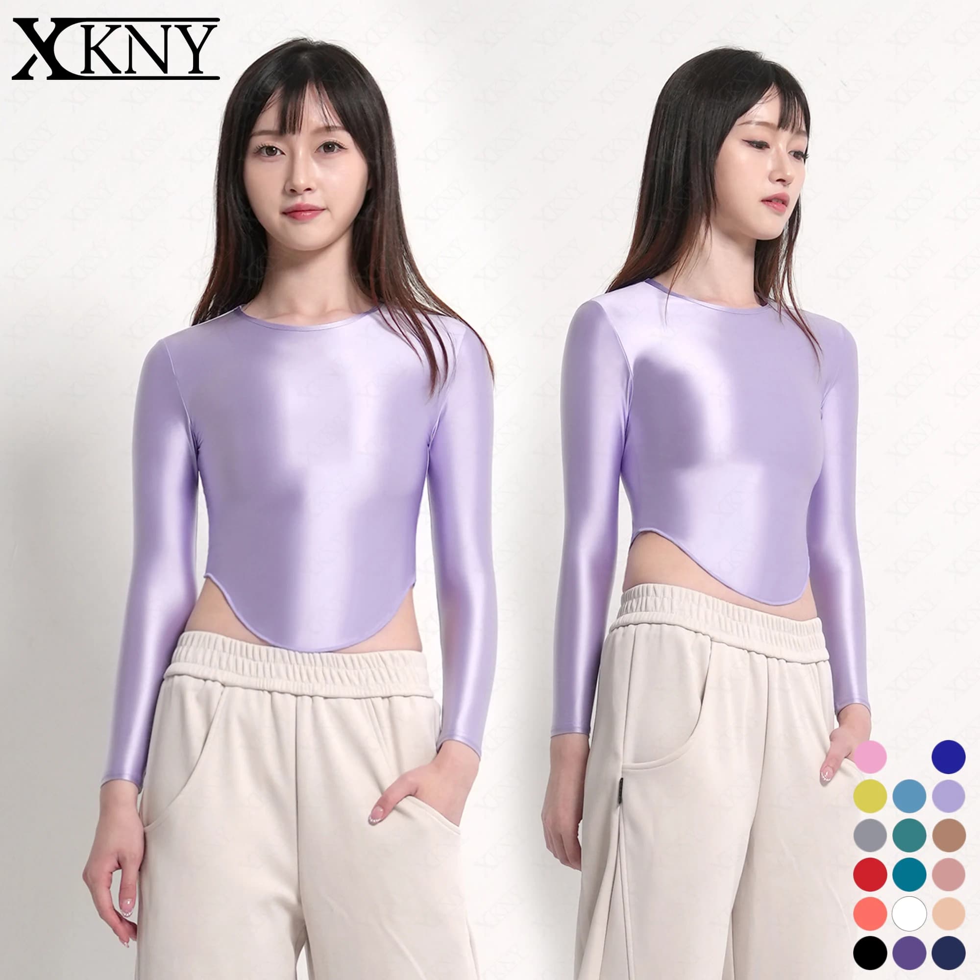 XCKNY glossines series top oil bottoming shirt long sleevele Arc long sleeves sports Yoga swim Undershirt Satin glossy  top