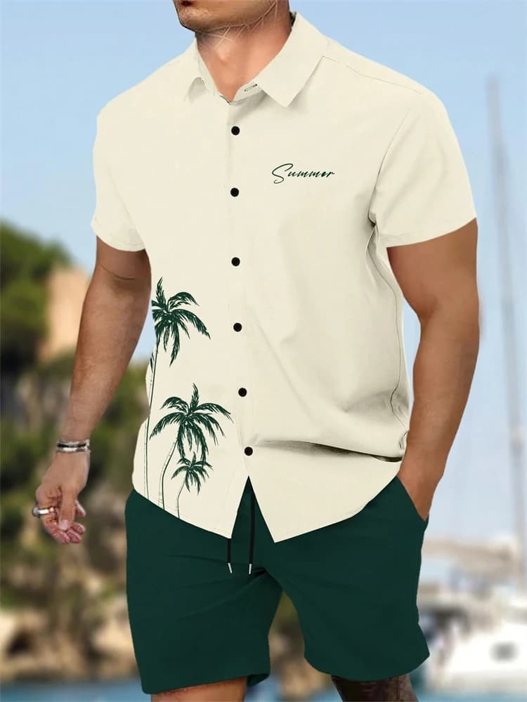 Summer New Men's Short Sleeve Shirt and Shorts 2 Piece Set Fashion Coconut Tree Print Lapel Shirt Beach Drawstring Shorts Set