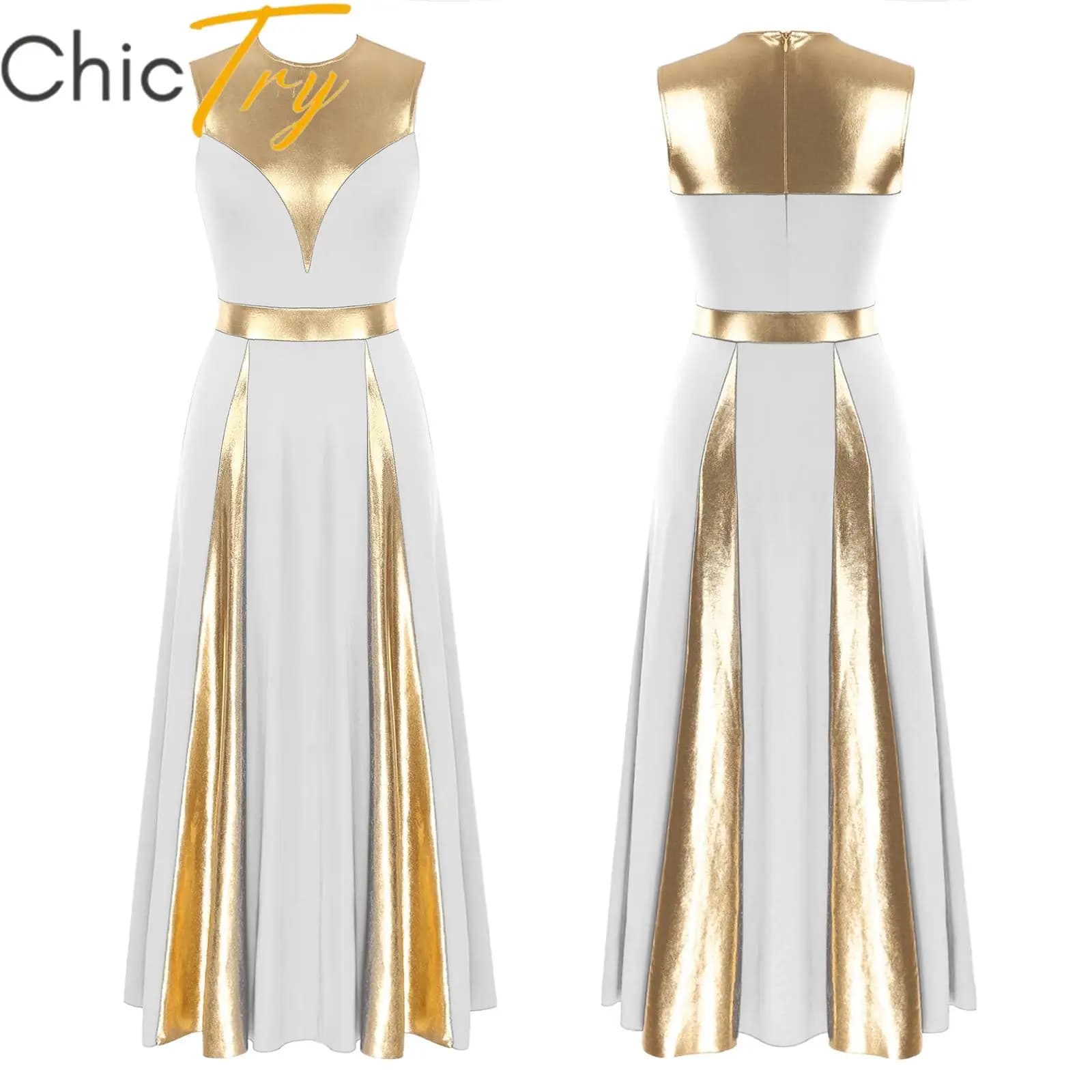 Womems Praise Dance Dress Patchwork Sleeveless Lyrical Dance Dresses Church Worship Choir Dancewear Stage Performance Costume