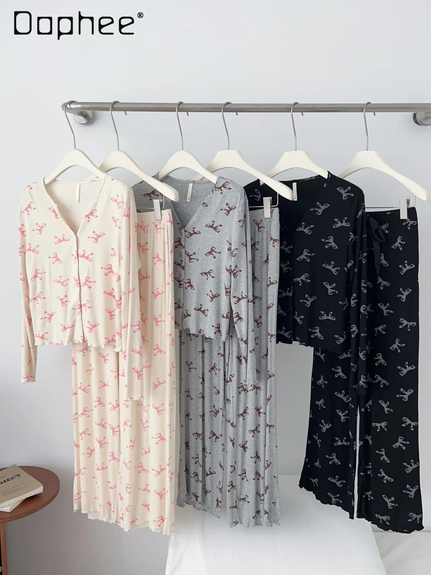 Autumn New Bow Print Pajamas Women Sweet V Neck Long Sleeve Single-breasted Short T Shirt Two Piece Set Korean Fashion