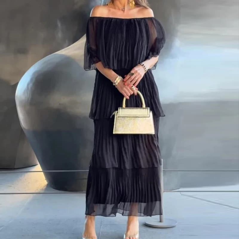 Women Slash Neck Off Shoulder Pleated Long Dress Spring Elegant Solid Ruffle Party Dress Summer Butterfly Sleeve Boho Maxi Dress
