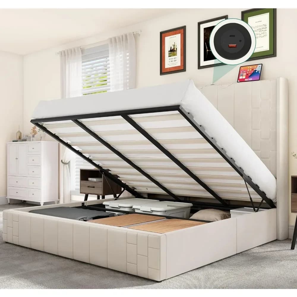 King Size Bed Frame with Type-C & USB Charging Port, 49.21 "Tall Headboard, Hydraulic Storage, Lift Up Storage Bed Frame