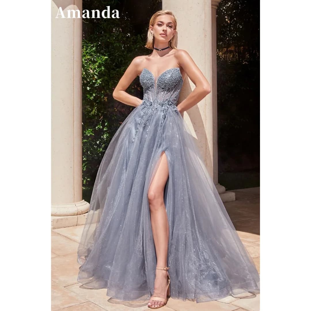 Amanda Shiny Chest A-line Evening Dress Sexy Side Split Prom Dress Customized Lace Embroidery Party Dress  فساتين مناسبة رسمية