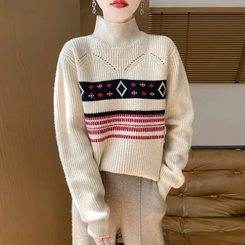 Women's Warm AutumnWinter Pullover With Half High Collar Jacquard hollow out fashionable Knitted Jumper 100% Merino Wool Sweater