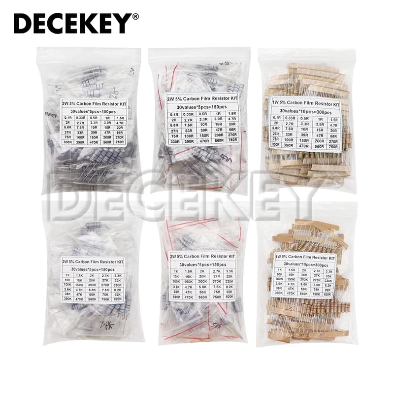 150PCS 300PCS 1W 2W 3W 5W Carbon Film Resistor Assortment Kit 5% Resistance Set 30Kinds 0.1-750 ohm 1K-820K DIY components