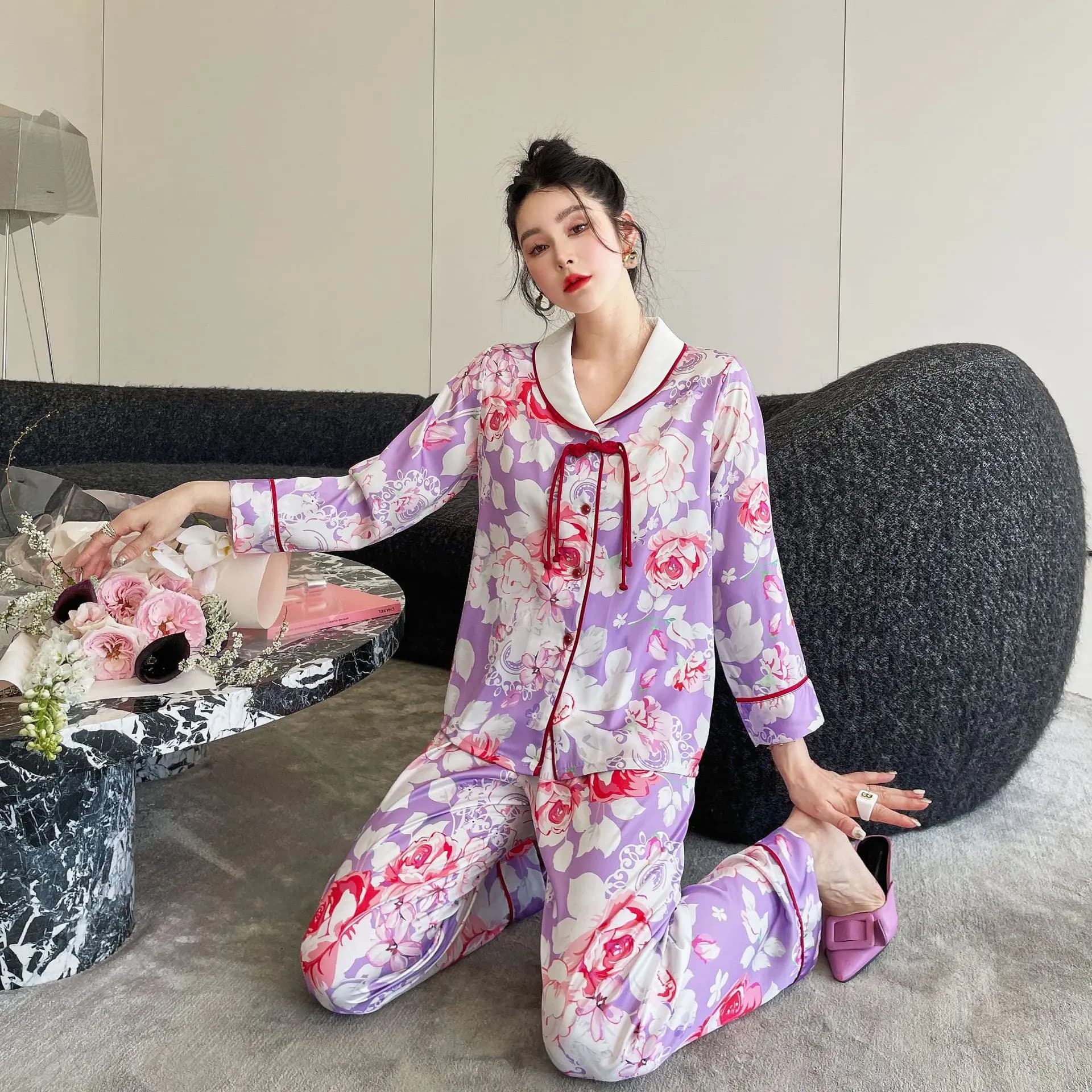 New Long Sleeved Chinese Style Ice Silk Pajamas, Women's Autumn And Winter Cardigans, Printed Home Clothes, High-end Set Nightwe