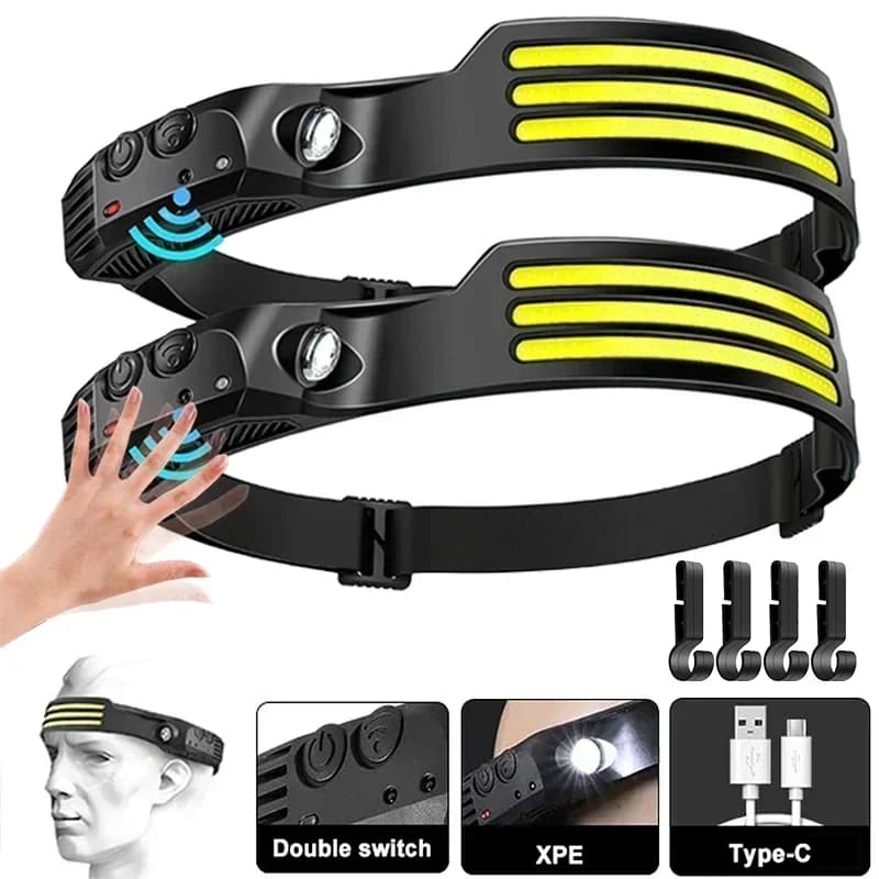COB LED Headlamp Induction Head Lamp Built-in Battery USB Rechargeable Head Flashlight Outdoor Camping Fishing Sensor Headlight