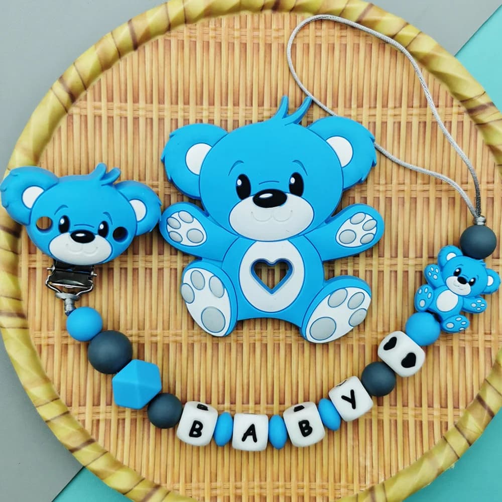 Custom English Russian Silicone Letter Name Baby Bear Silicone Beads Pendant Pacifier Clips Chains Teether Baby Kawaii Toy Gifts