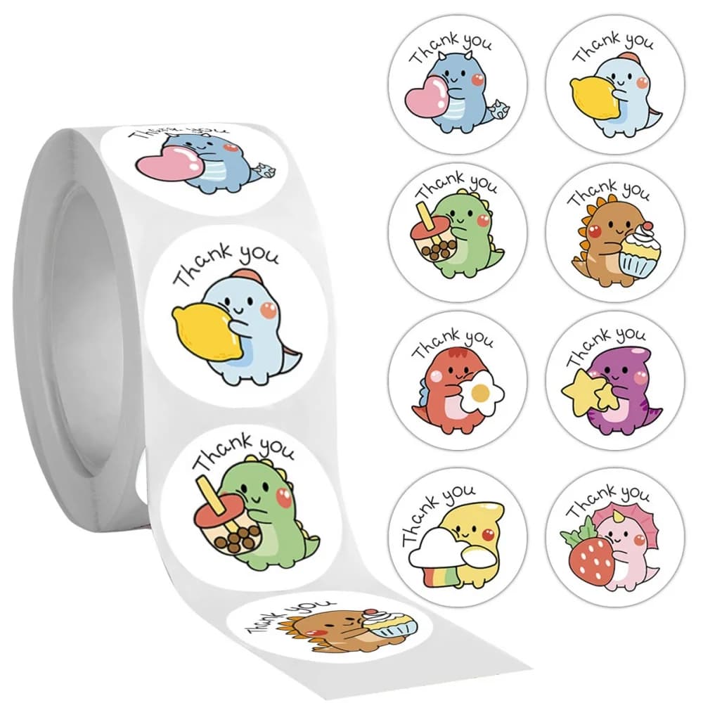 50/100/500pcs 1 Inch Thank You Stickers Cartoon Dinosaur Labels for Packaging Baking Labels Gifts Seal Decor Children's Stickers