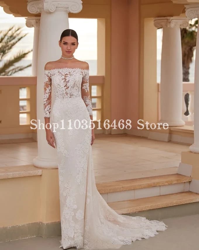 Elegant One Shoulder Mermaid Wedding Dress 2024 For Women Luxurious Long Sleeve Applique Tie Embroidered Veil Formal Occasion