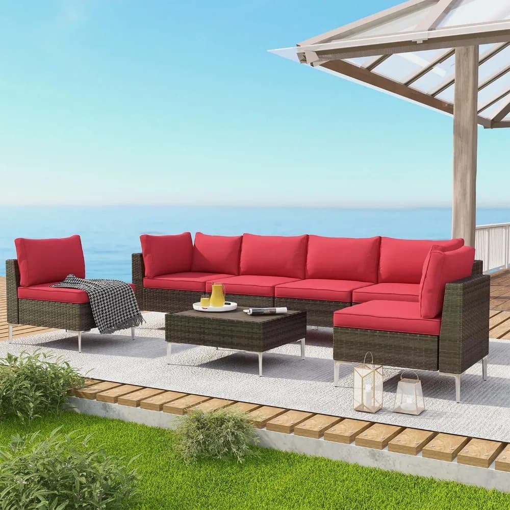 7 Pieces Outdoor Sectional Sofa PE Rattan Wicker Patio Conversation Set, w/Wood Plastic Composites Table for Garden, Lawn, Pool