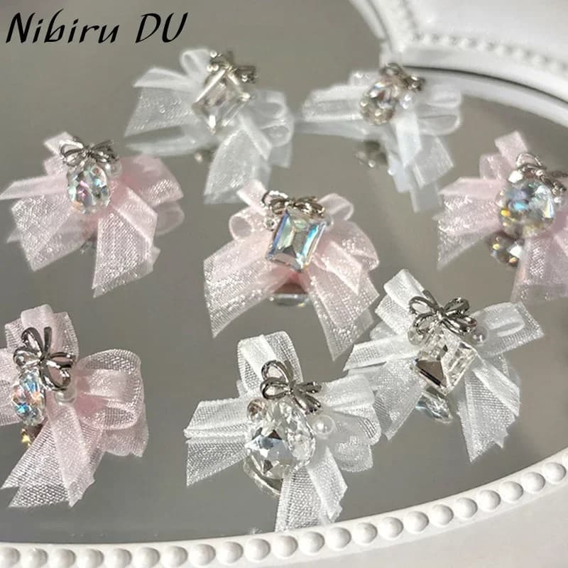 5PCS Nails Art Rhinestones Charms Shiny Jewelry 3D White Pink Bowknot Organza Nail Decorations Accessories Manicure Supplies