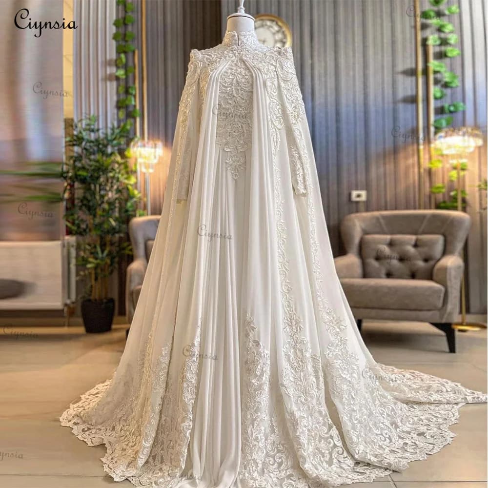 Ciynsia Customized Arabic Dubai Long Sleeve Muslim Wedding Dress with Cape High Neck Islamic Bridal Gowns Chiffon Robe De Mariée
