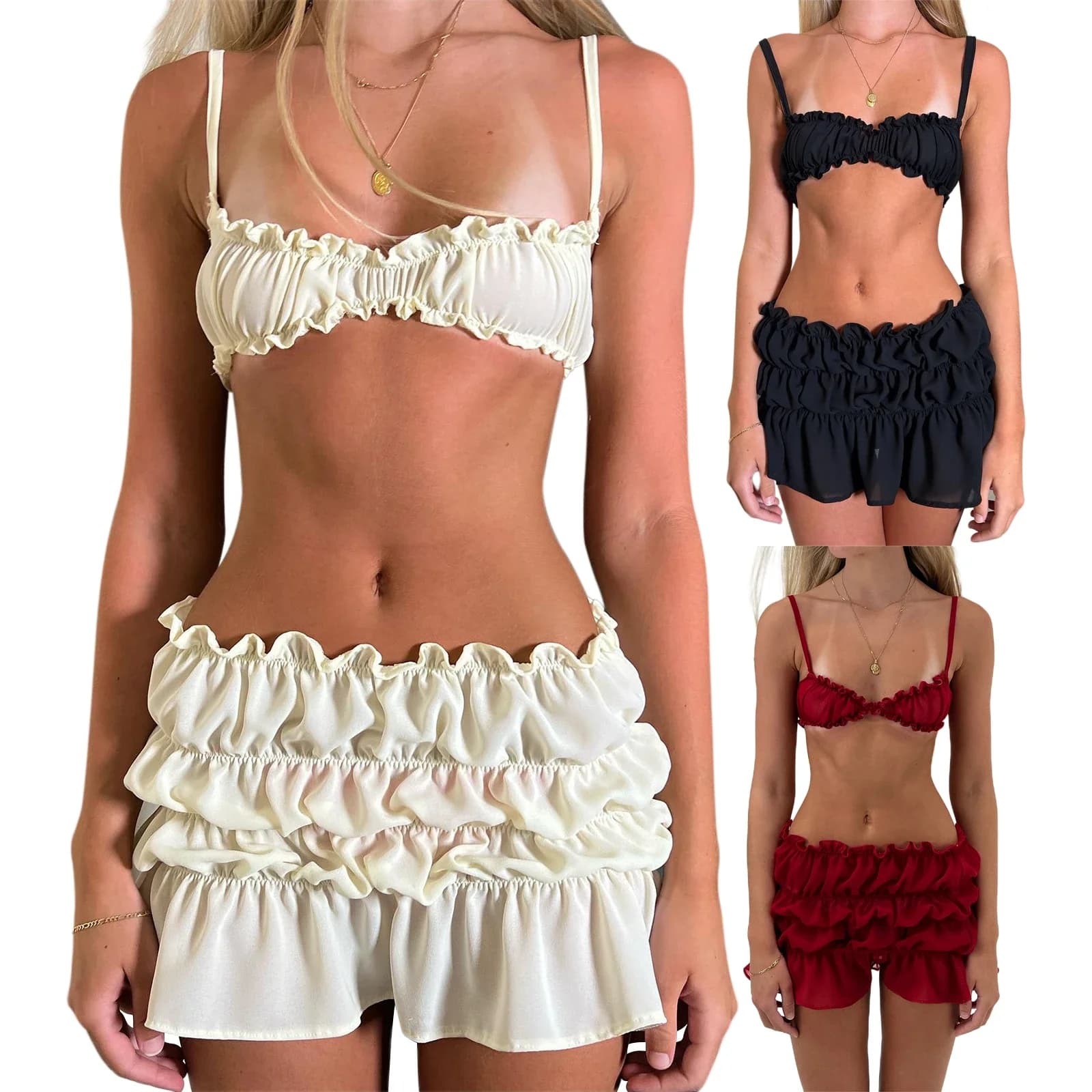 Women's 2 Piece Skirts Outfits Solid Color Spaghetti Strap Frills Sleeveless Cami Tops Mini Skirts Clothes Set