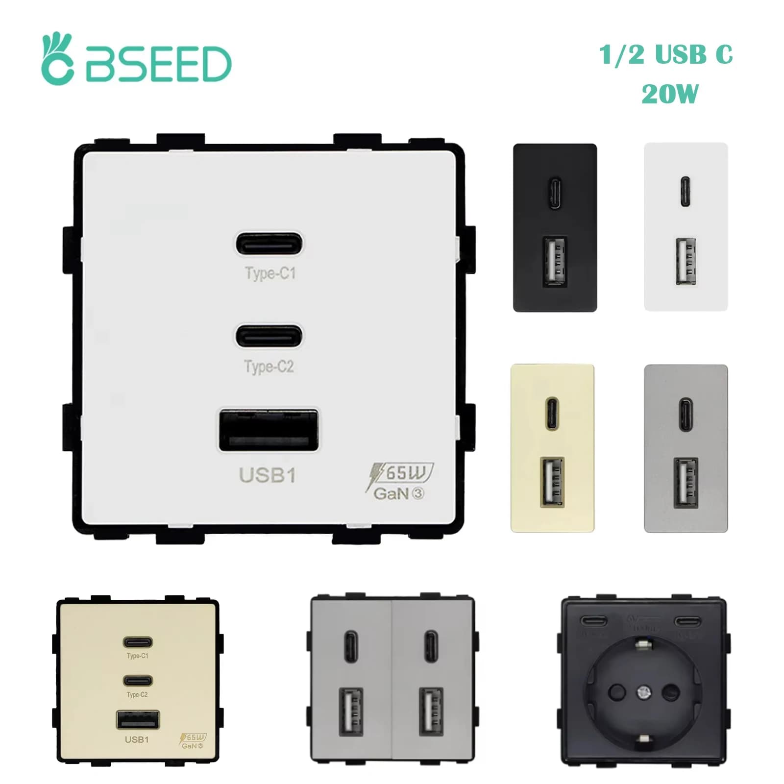 BSEED 65W PD Fast Charge Module Quick Charge Socket Part 1/2 USB Type-C 20W Wall Phone Charger Plug Support BSEED Frames