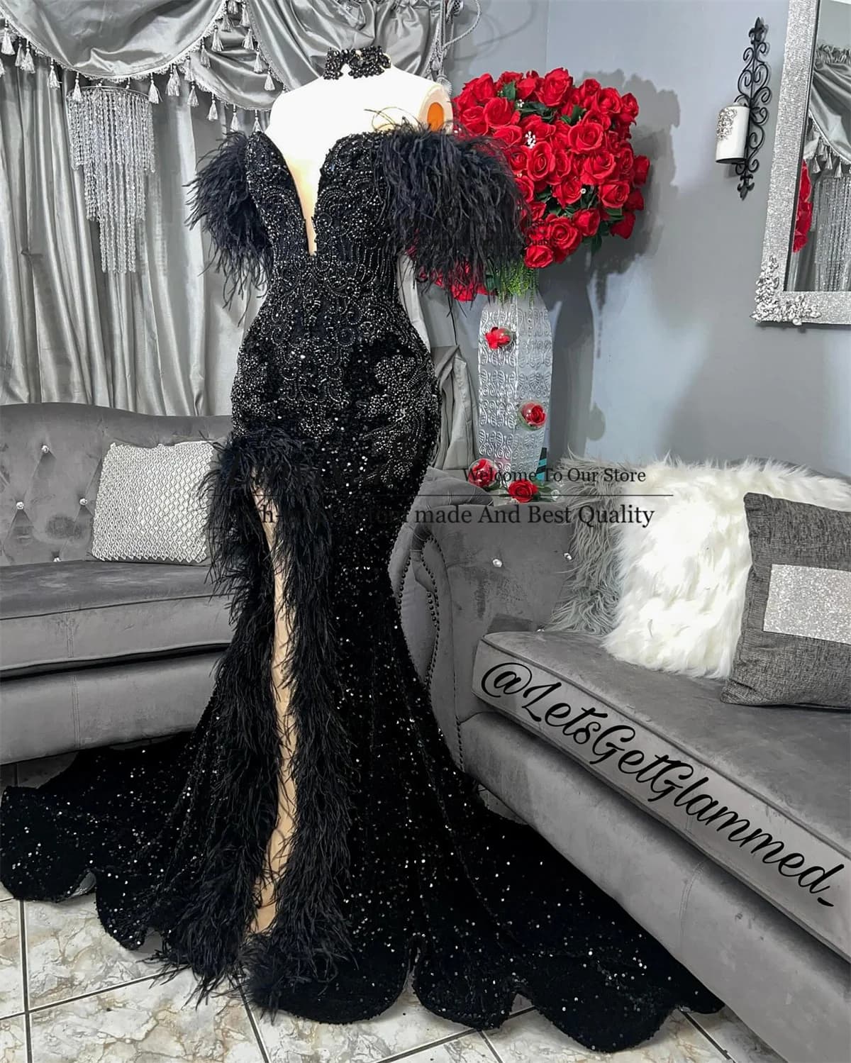 Luxury Beaded Crystals Mermaid Prom Dresses Feather Appliques Evening Party Gown Sexy Slit Customized Black Girl robes de soirée