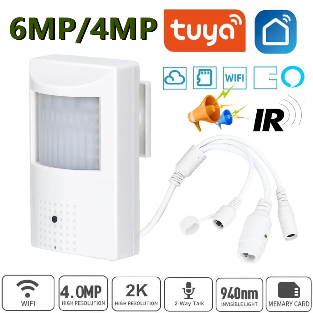 Tuya 6mp Mini wifi Camera 4MP PIR Style Indoor Onvif Built-in Audio TF Card Slot IPC Vision 48pcs 940nm IR LED Smart Security