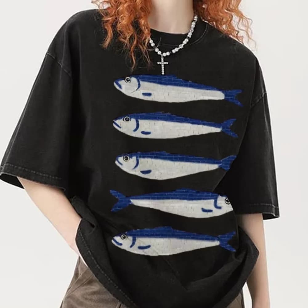 Gojo Cartoon Salted Fish Print Women's Loose T-Shirt Oversized Wash Short Sleeve Summer 2025 Fashion Design Casual Top