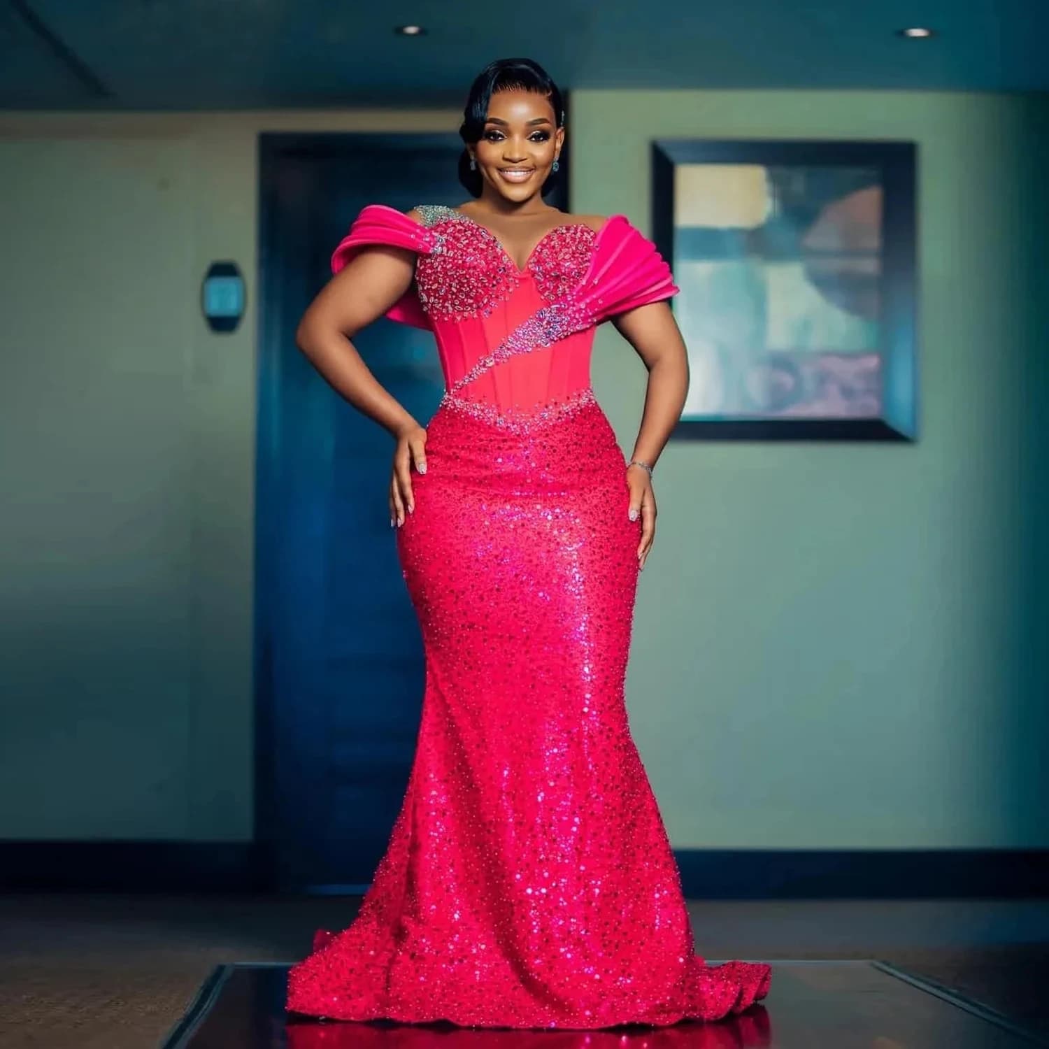 Popular Hot Pink African Prom Dresses Sheer Neck 3D Pleated Shoulder Beads Lace Fuchsia Evening Dress Aso Ebi Wedding Guest Gown