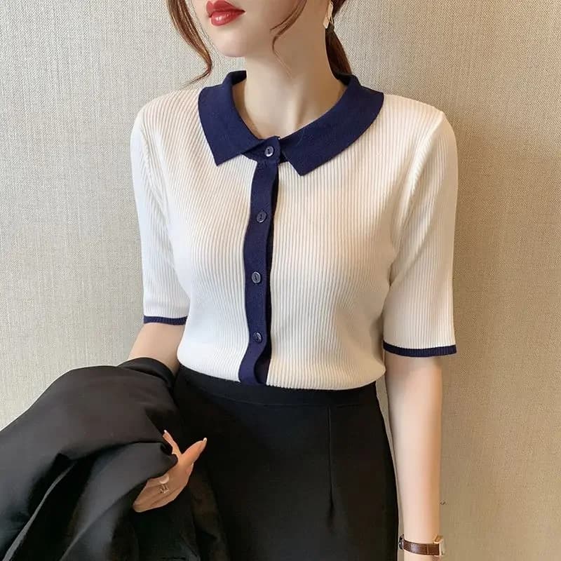 Button T-shirt Woman Short Sleeve Tee Grey Tops Black Polo Neck Shirts For Women Clothing Offer Elegant Hot Trend Aesthetic V