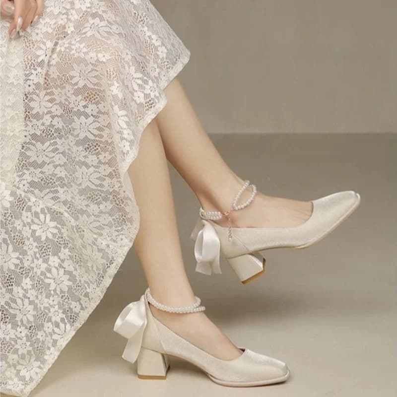 2025 New Women High Heels Silk Mary Jane Shoes Party Wedding Dress Shoe Bowknot Princess Lolita Pumps Square Toe Bridal Heels