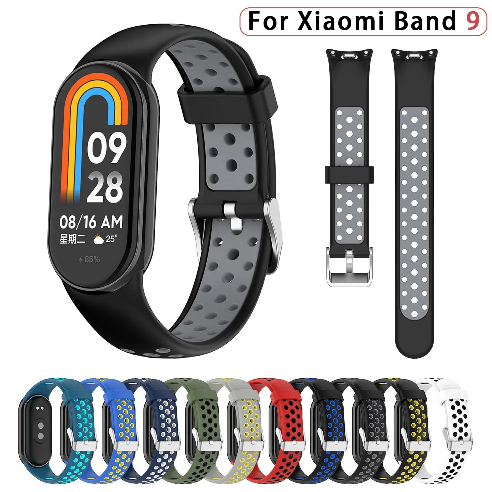 SiliconeTwo Color Strap For Xiaomi Mi Band 9 8 Breathable Sport Smart Watch Wrist Bracelet Band9 Band8 NFC WristBand Accessories