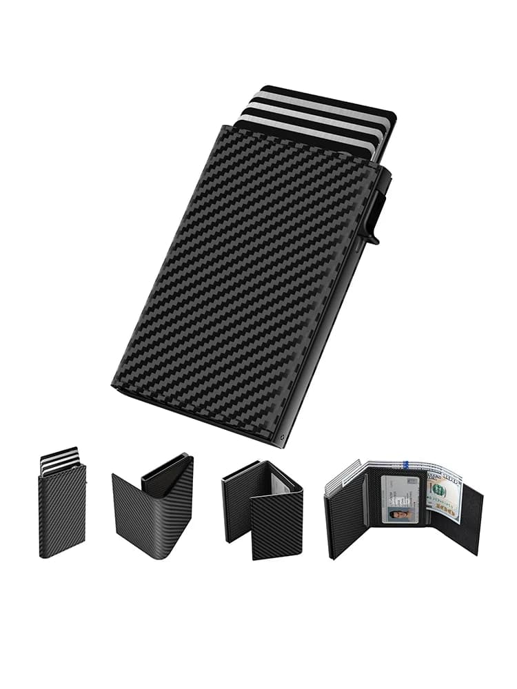 YATBEST Men's Card Bag Automatic Pop-Up Aluminum Box RFID Anti-Theft Brush Ultra-Thin Minimalist Wallet Leather Credit Card Clip