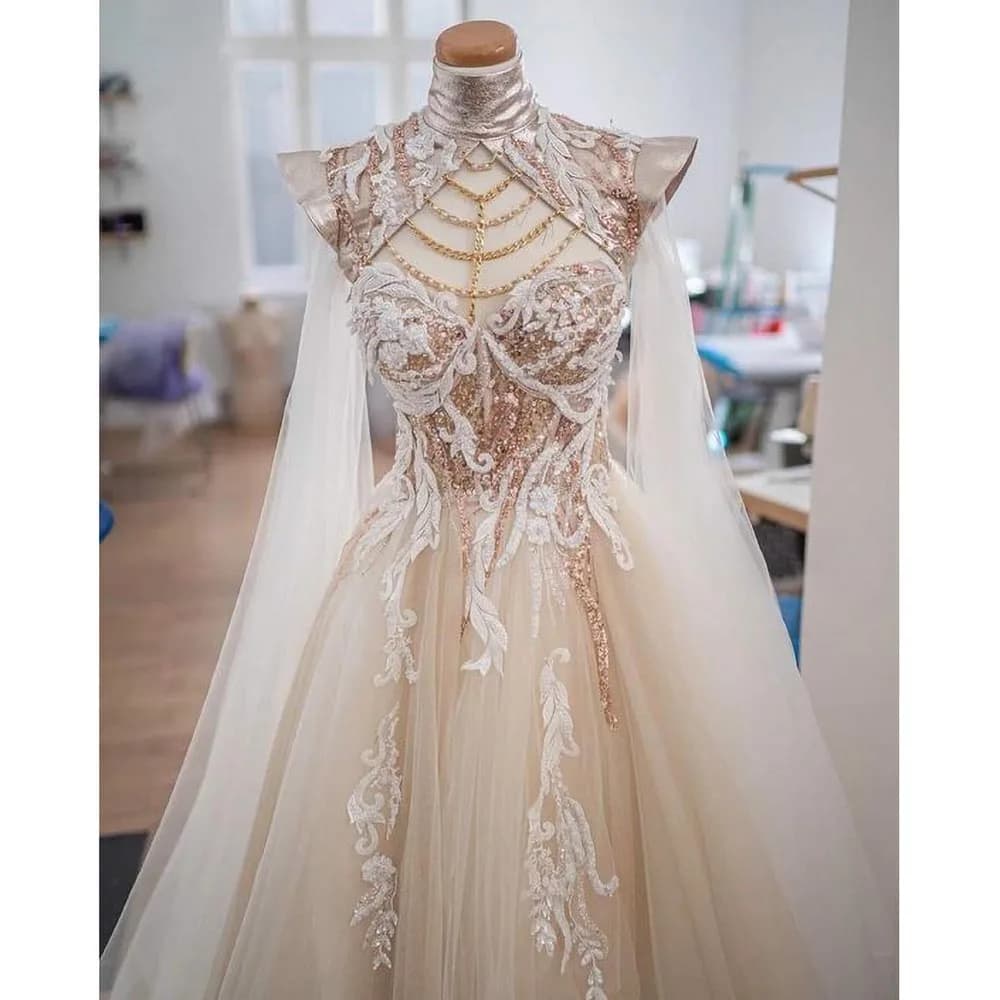 Elegant High Collar Beading Sequined Prom Dress Beige Fashion Long Sleeves A-Line Party Gowns Chic Floor Length Evening Dress