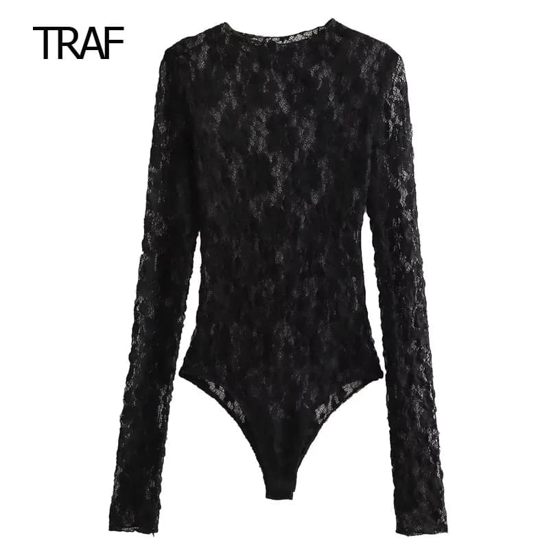 TRAF Lace Bodysuit Women's Bodysuit Auutmn Black Cutwork O-Neck Long Sleeves High Spandex Bodysuits Sexy Lingerie For Fine Women