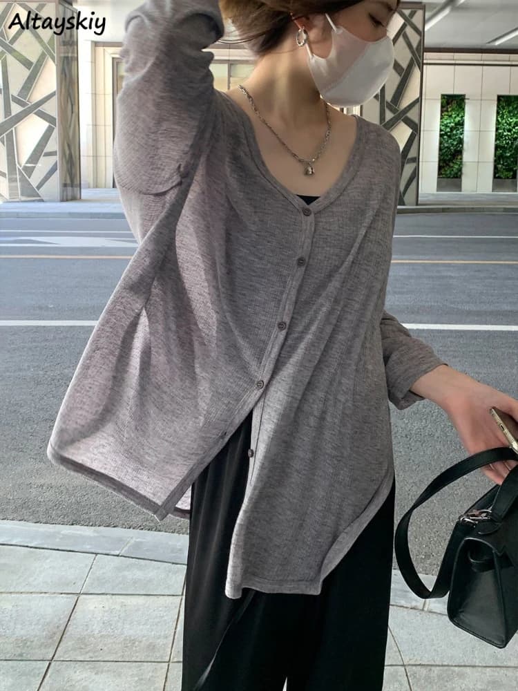 Solid V-neck Shirt Women Spring Single Breasted Chiffon Loose Slim All-match Sun Protection Thin Breathable Fashion  Cozy