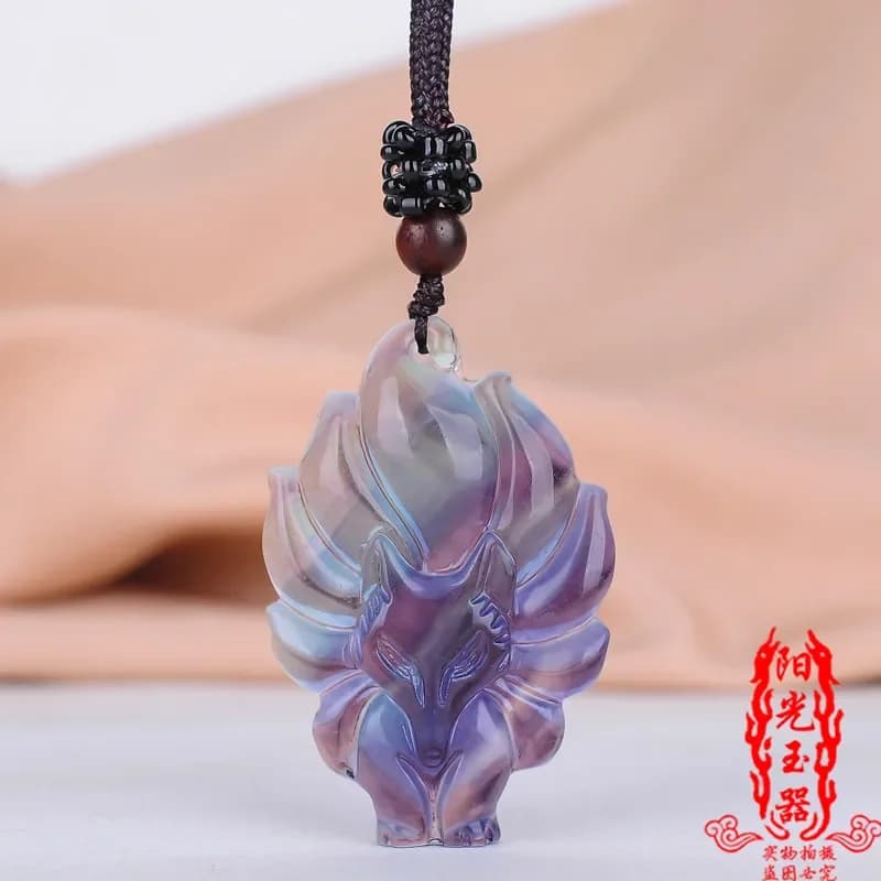 Natural Colour Jade crystal Nine Tailed Fox Pendant Necklace Jewellery Fashion Accessories Hand-Carved Luck Amulet Sweater Chain