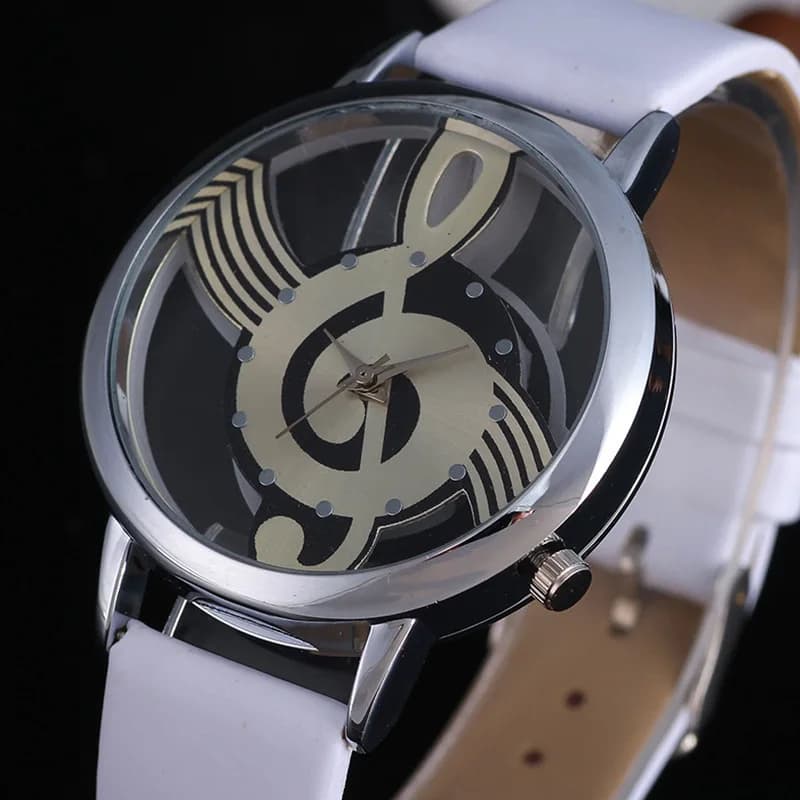 Fashion Hollow Music Shape Watch Round Dial Exquisite White Black Leather Casual Women Simple Wristwatch Relojes Drop Shipping