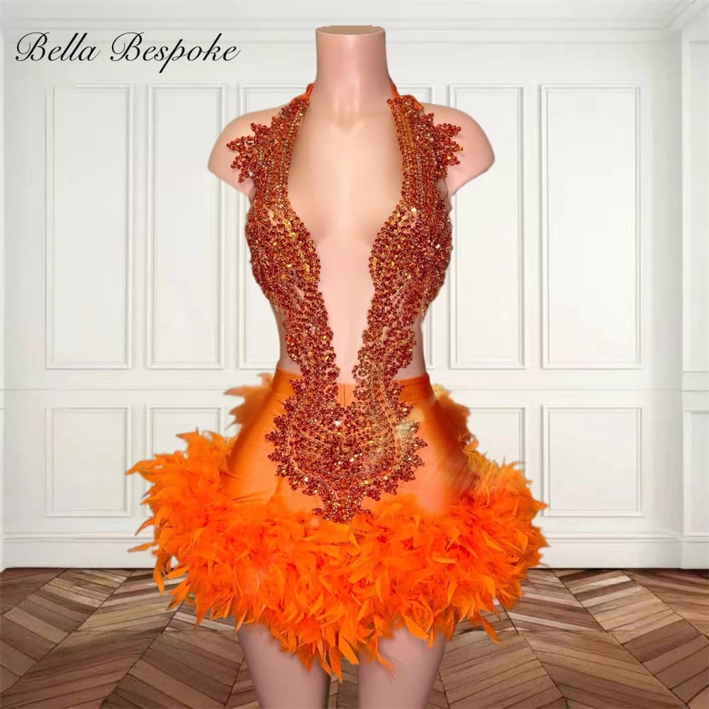 Orange Halter Short Prom Dresses Black Girl Bead Crystal 2024 Birthday Luxury Dress Feathers Mini Cocktail Homecoming Customized