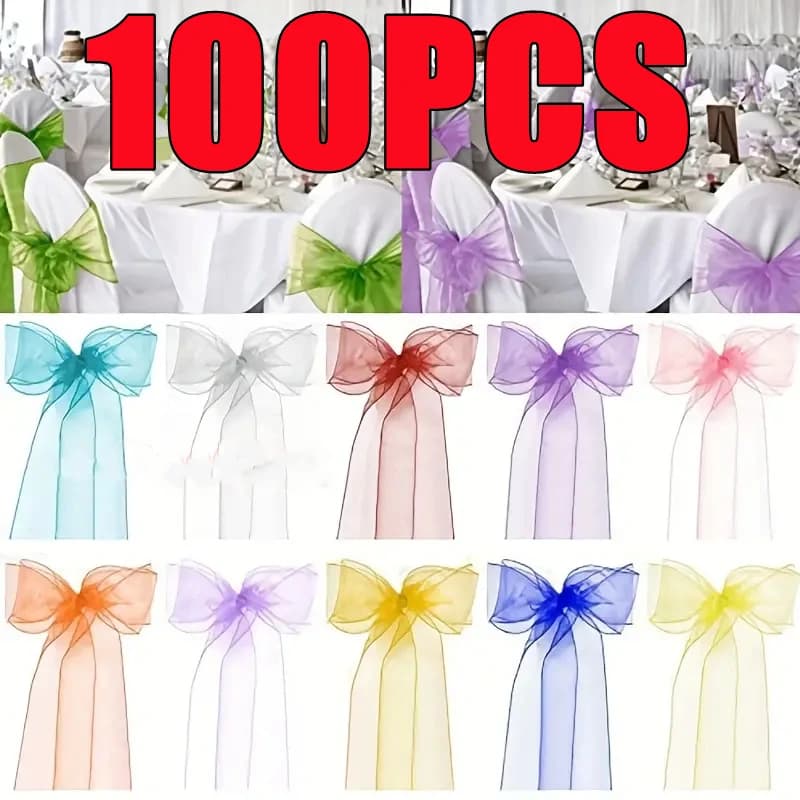 Newest Organza Chair Sashes Knot Bands Chair Bows for For Wedding Party Banquet Event Country Wedding Chair Decoration 100-10PCS
