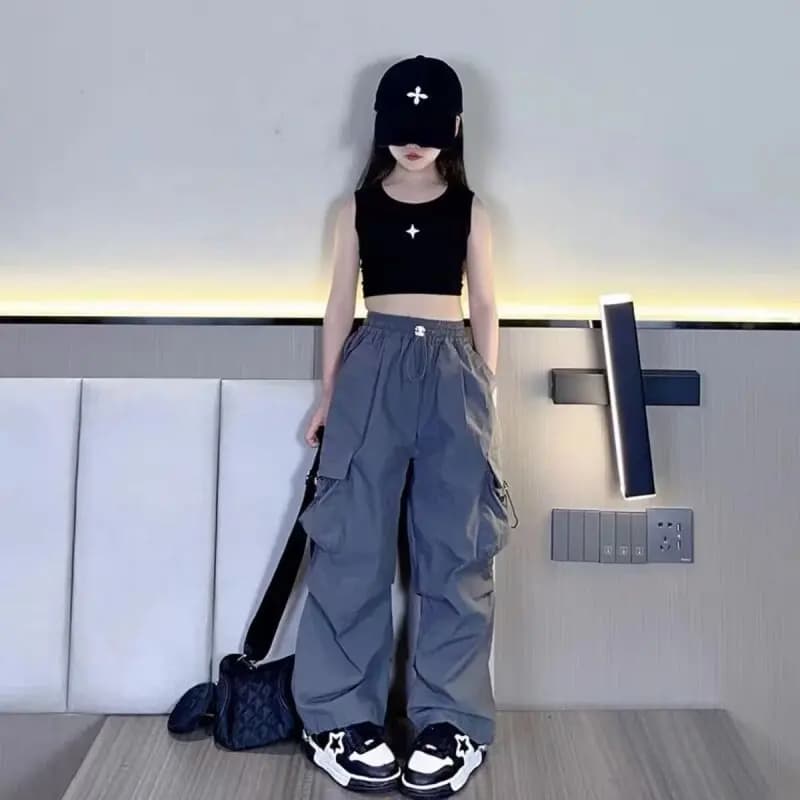 Teenager Girls' Cargo Pants Children's Trousers Wide-legPockets Pants Spring & Autumn Fashionable Loose 5 8 10 12 14 Years Old