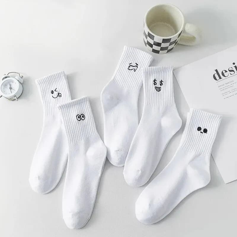 5 Pairs Autumn Women's Warm Socks White Kawaii Fun Socks Embroidery Pattern Women's Sports Socks