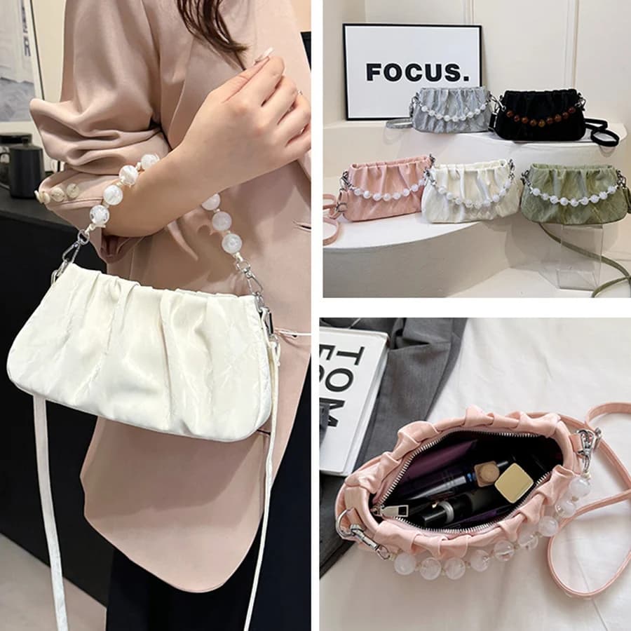 New Cloud Bag Soft Pleated Shoulder Bags Soild Color Dumpling Bag Large Capacity Tote Bag Bead Chain Underarm Handbag Woman Sac