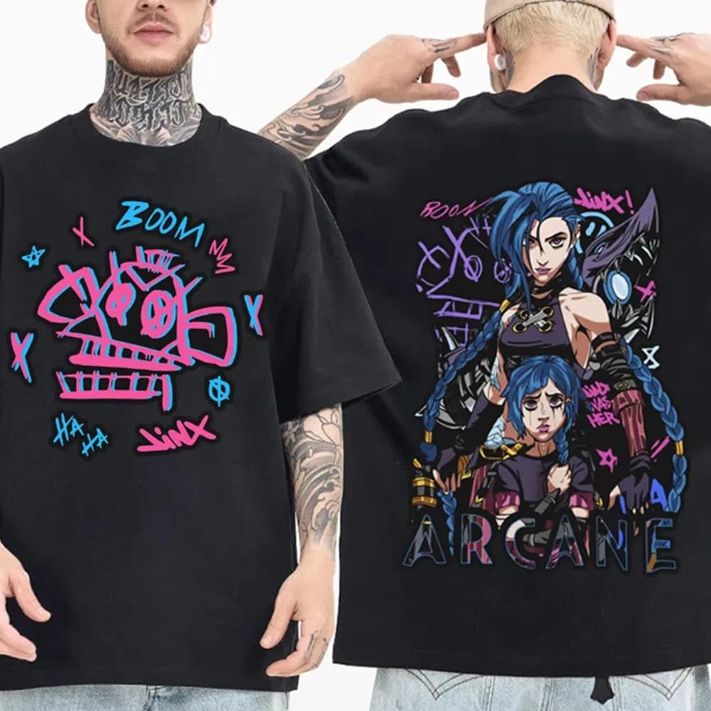 Jinx Arcane Monkey T Shirt Anime Cosplay Tees Women Men Aesthetic Short Sleeve Harajuku High Quality Cotton EU Size Streetwear