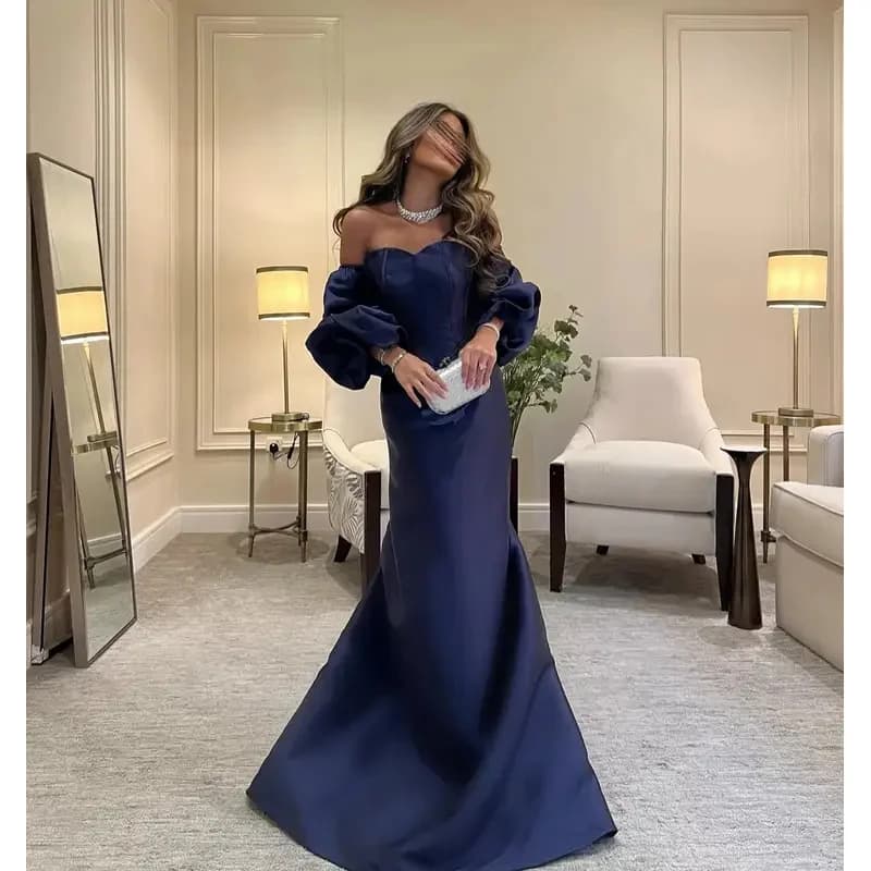 Fimora customized Blue Mermaid Prom Dress Women's Off Shoulder Simple Party Evening Dresses Floor Length Special Occasion Gowns