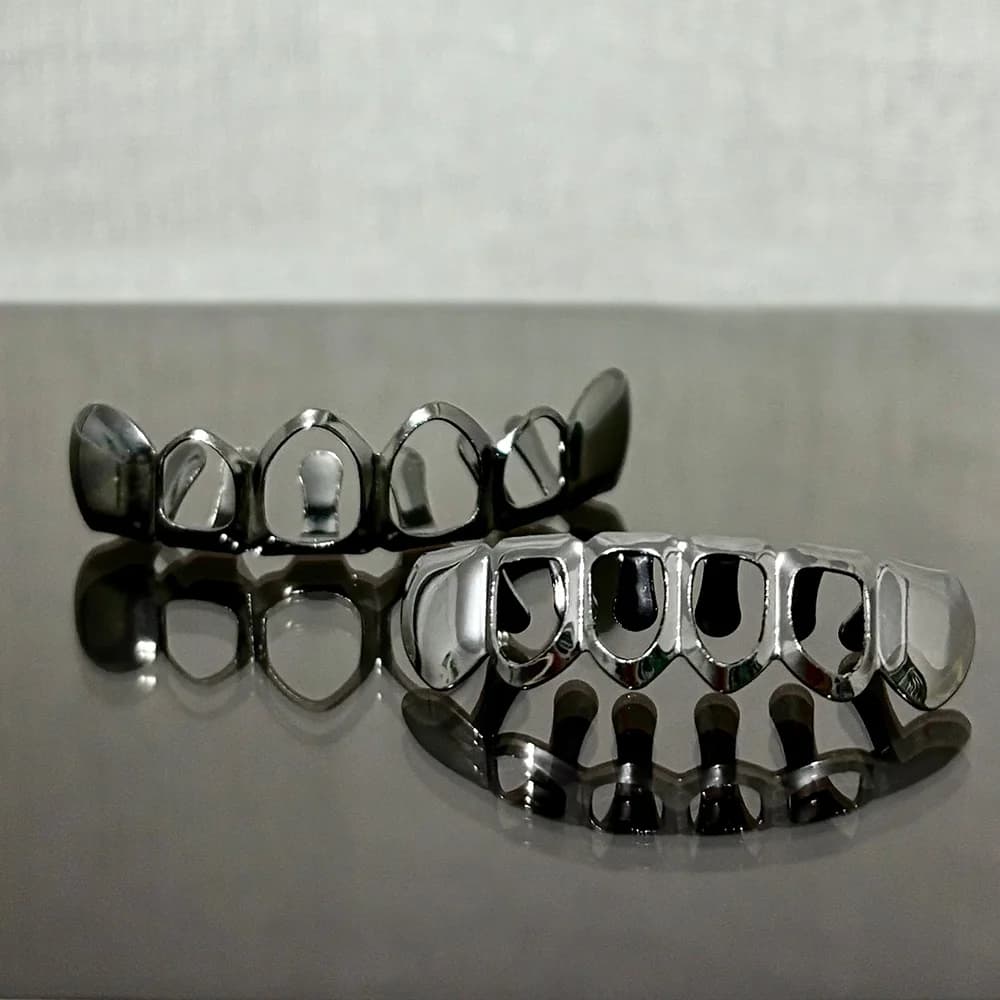 RACHELZ Hip Hop Hollow Teeth Grillz Braces Black Gold Color Glossy Tooth Caps For Women Men Jewelry Dental Grills