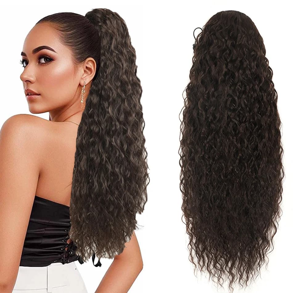 Meepo Synthetic Ponytail Extensions 24inch Natural Wave Drawstring Ponytail Clip in Hair Extensions Brown Fake Hair for Women