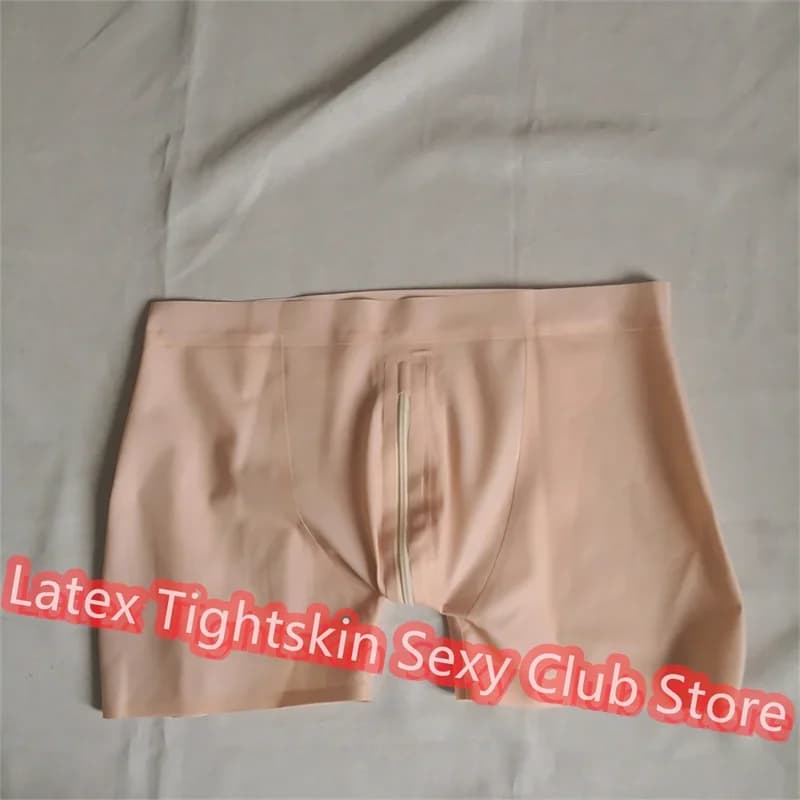Sexy Latex Panties Baby Pink with Crotch Zip Fetish Rubber Shorts Underwear Club Wear for Men