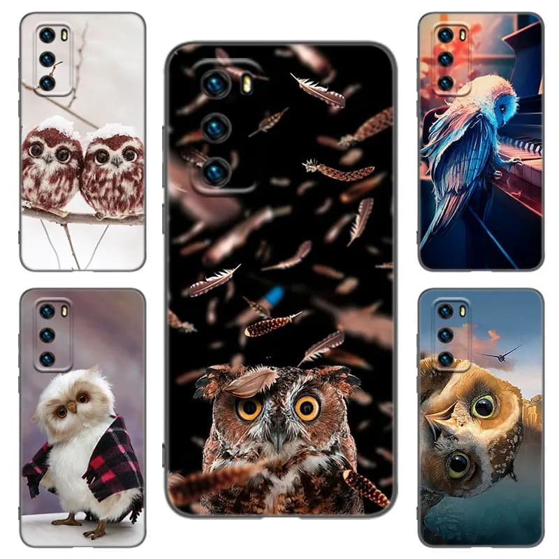 Animal Owl Cute Black Phone Case For Huawei P20 P30 P40 Lite P60 Art Pura 70 Ultra P50 Pro P50E P Smart 2018 2019 2020 2021
