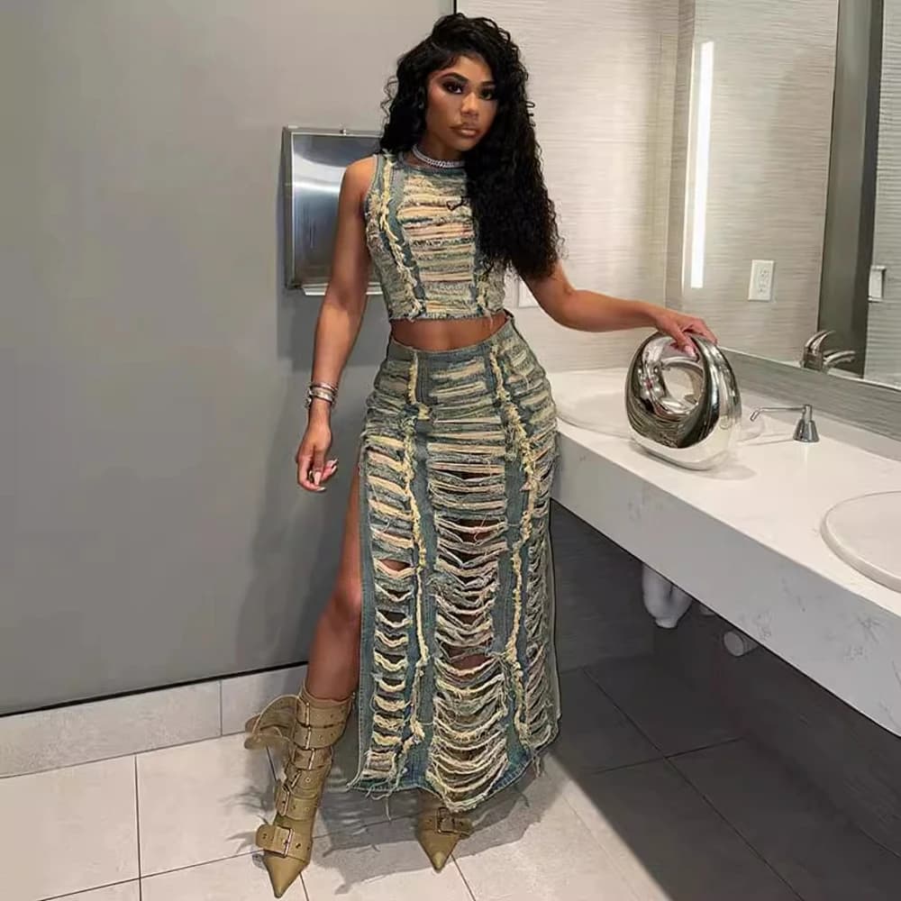 Denim 2 Piece Set Women 2024 Summer Sexy Club Maxi Skirt Sets High Waist Slit Skirt Mujer Matching Sets Denim Jacket Outfit