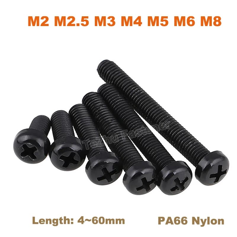 20pcs M2 M2.5 M3 M4 M5 M6 M8 Round Nylon Plastic Phillips Cross Recessed Button Head Screws Bolt Machine Screw Black PA66 4~60mm