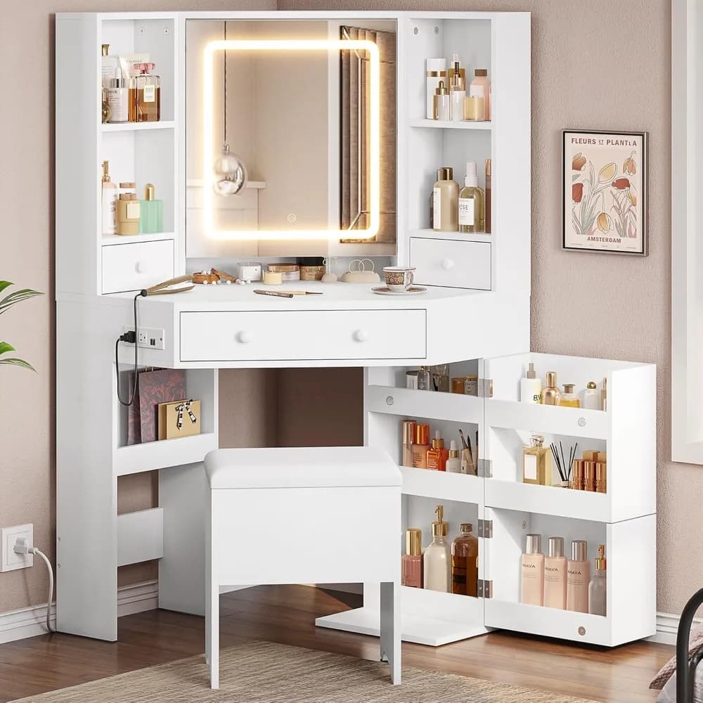 Corner Dressing Table with Light and Charging Station, Dressing Table Set with Mirror and Storage Bench