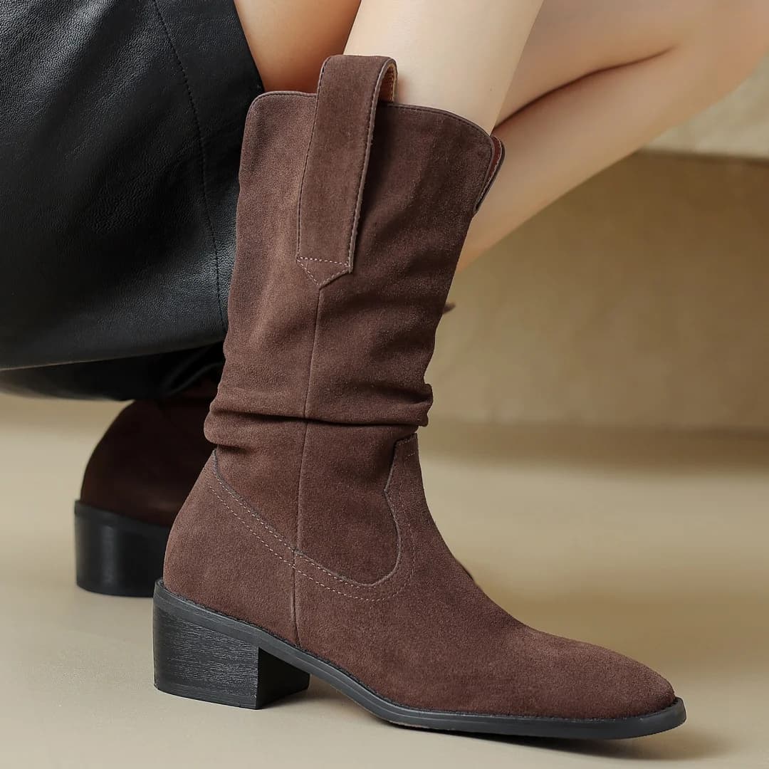 Women's natural suede leather 4cm thick low heel slip-on autumn mid-calf boots pleated casual female half boots shoes for woman